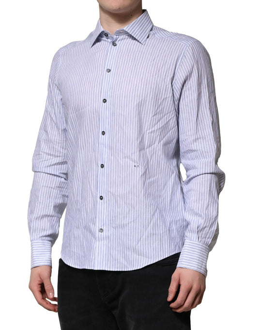 Men's formal shirt with white blue striped pattern, long sleeves, and button-up front