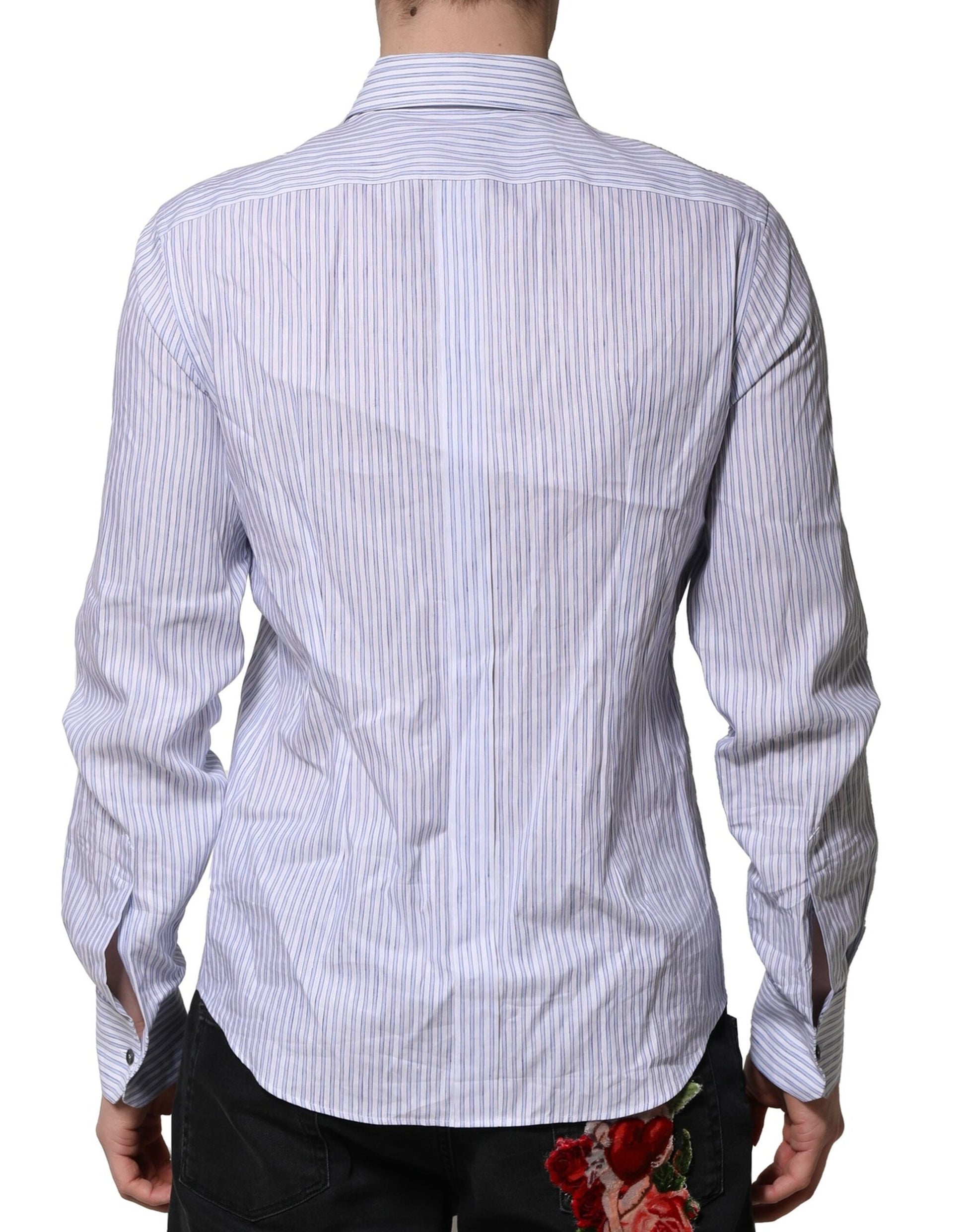A mannequin wearing a white blue striped cotton dress shirt