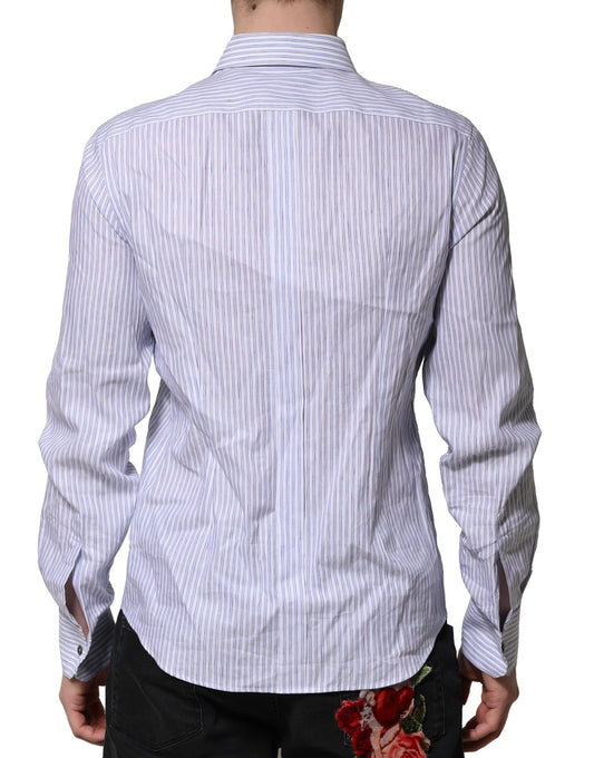 A mannequin wearing a white blue striped cotton dress shirt