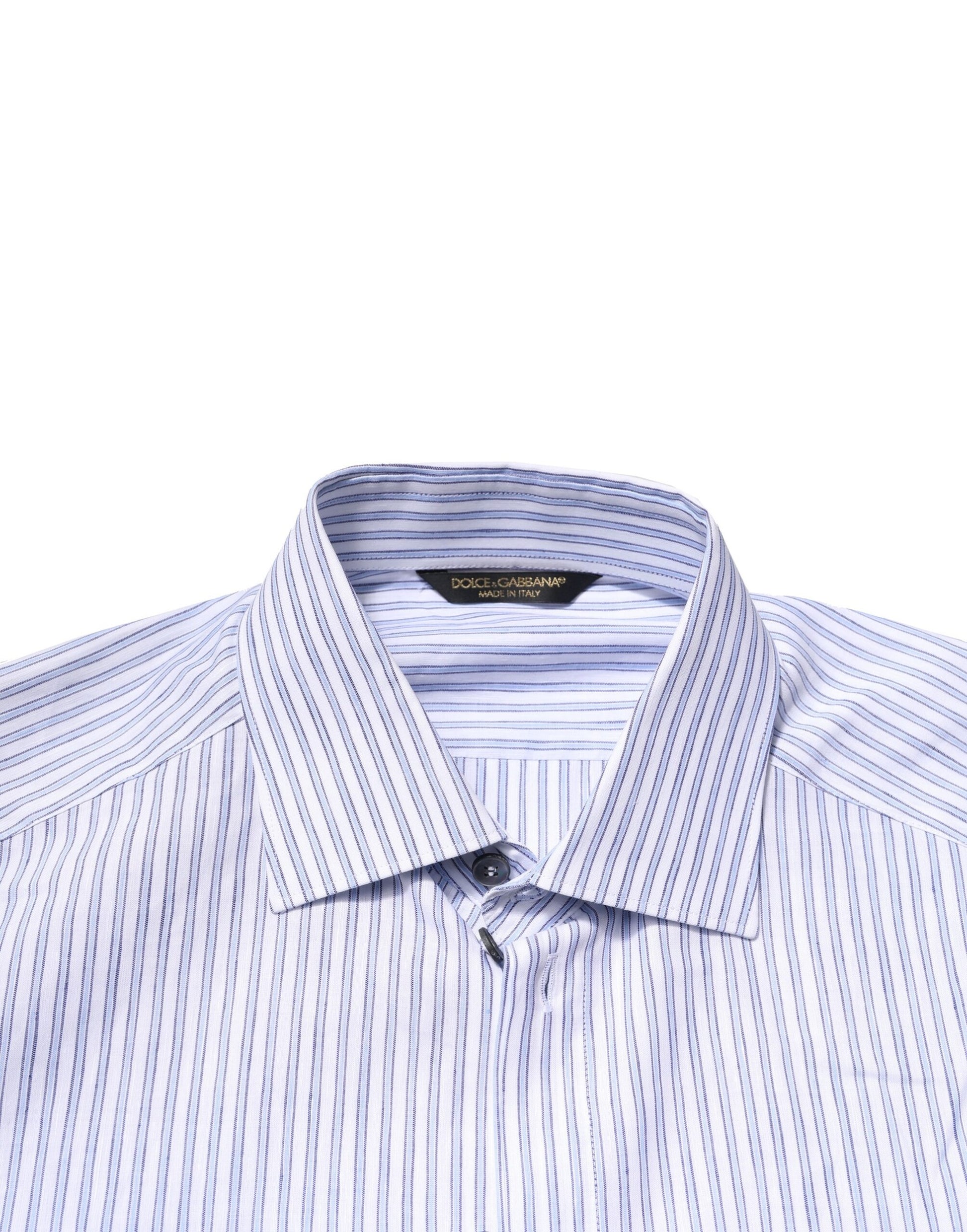 A blue and white striped dress shirt with a collar, hanging on a hanger