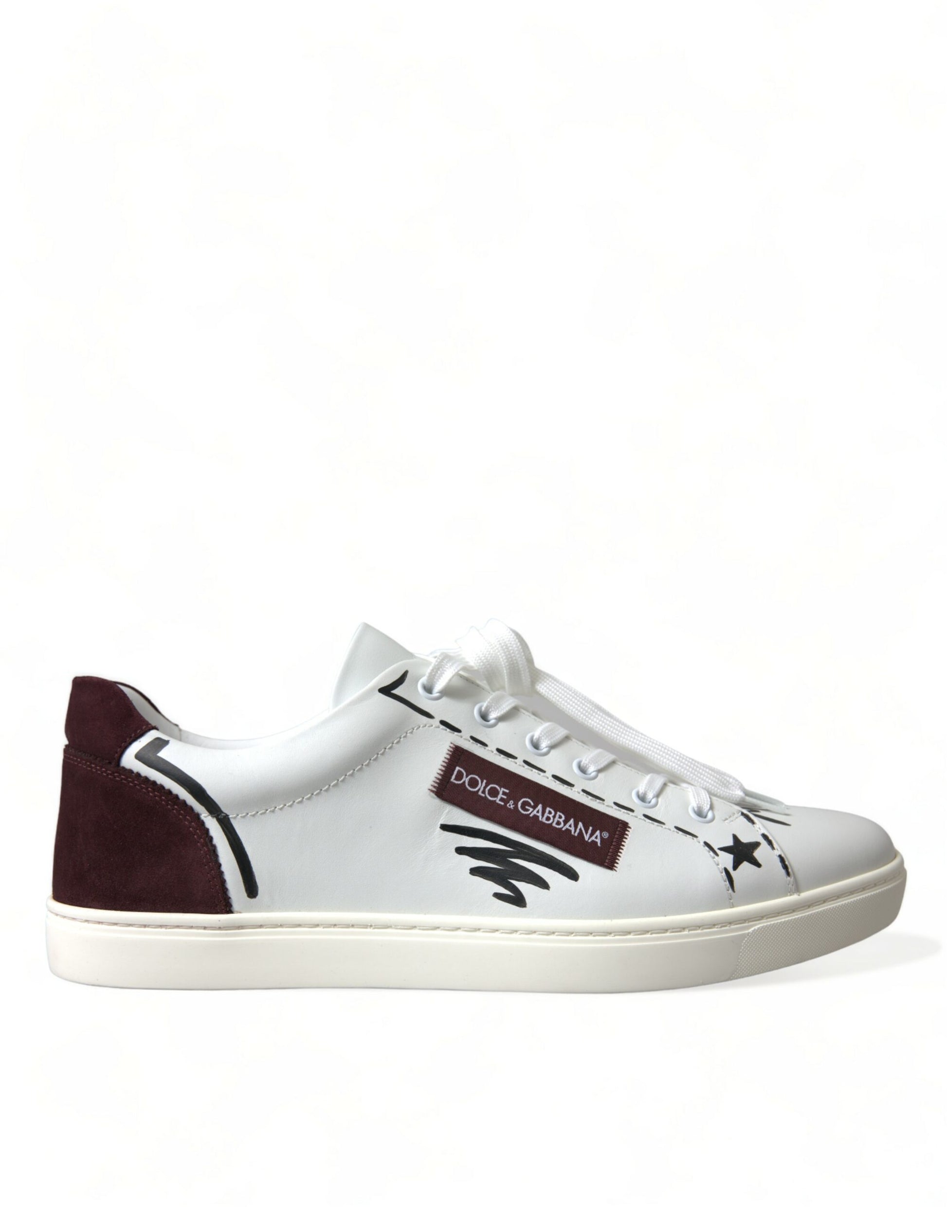 White sneakers with maroon stripe and star design on side