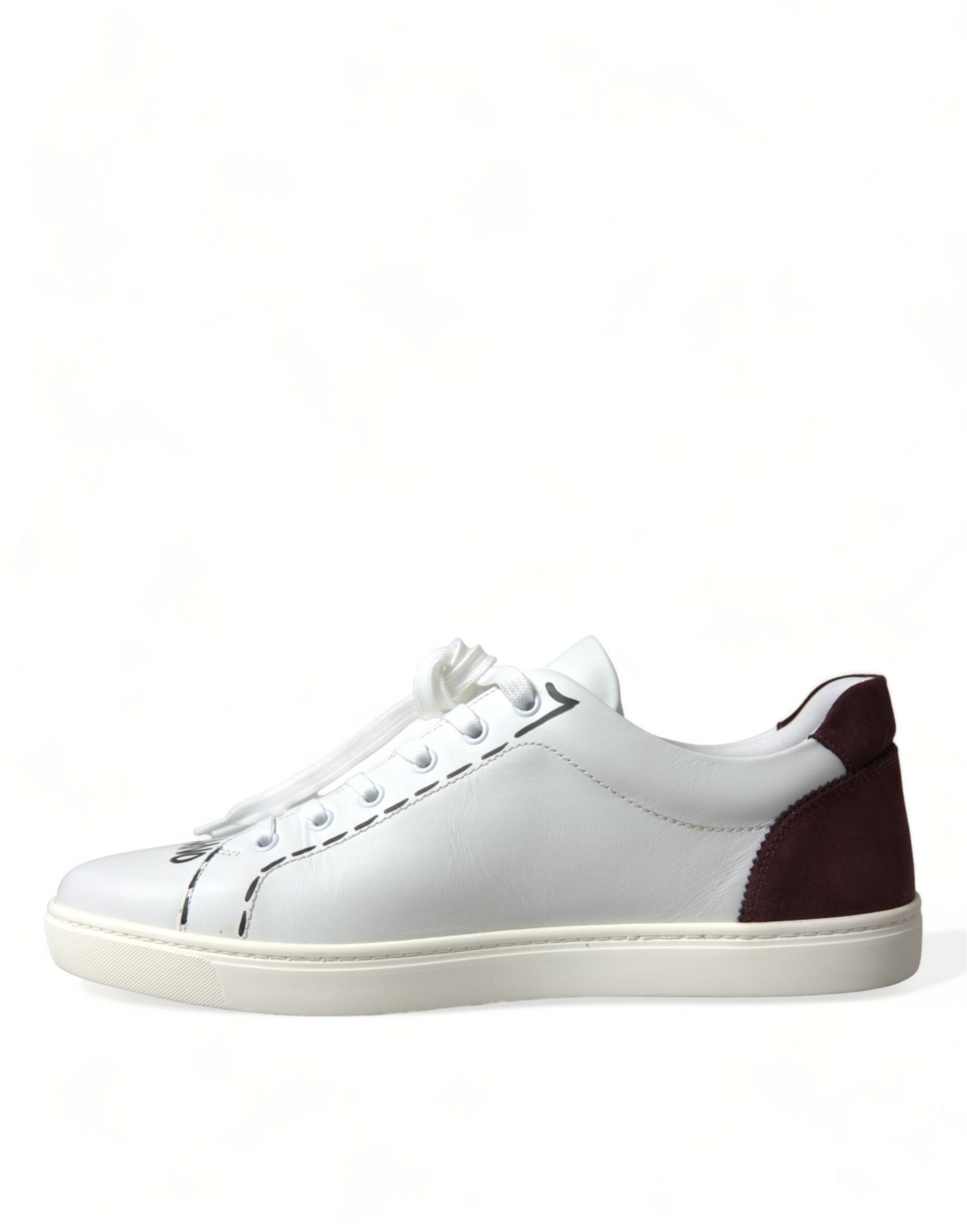 White sneaker with black stripes and a white sole