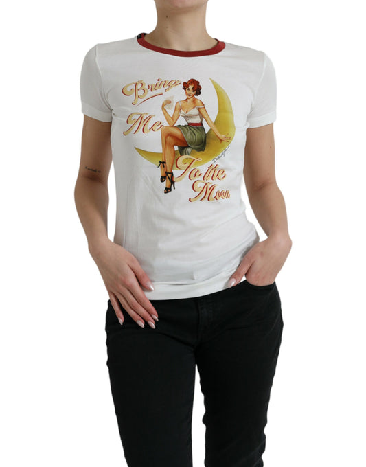 Woman wearing white t-shirt with graphic design