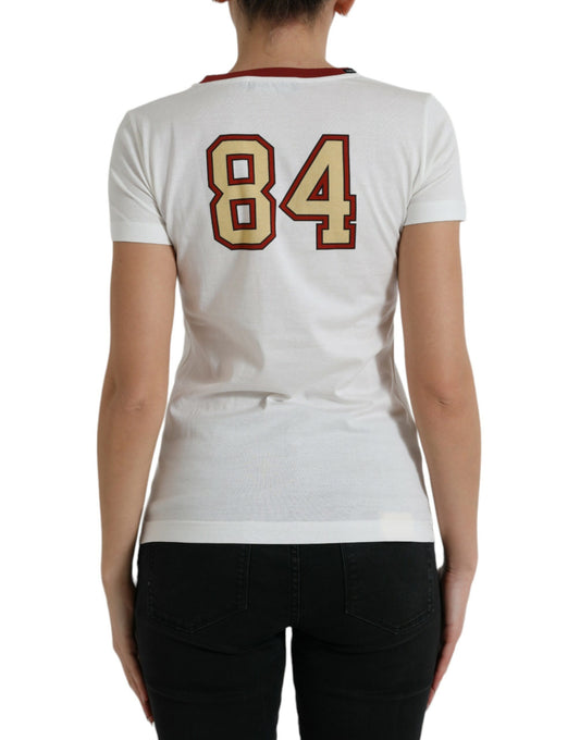 White shirt with red number 84 on back
