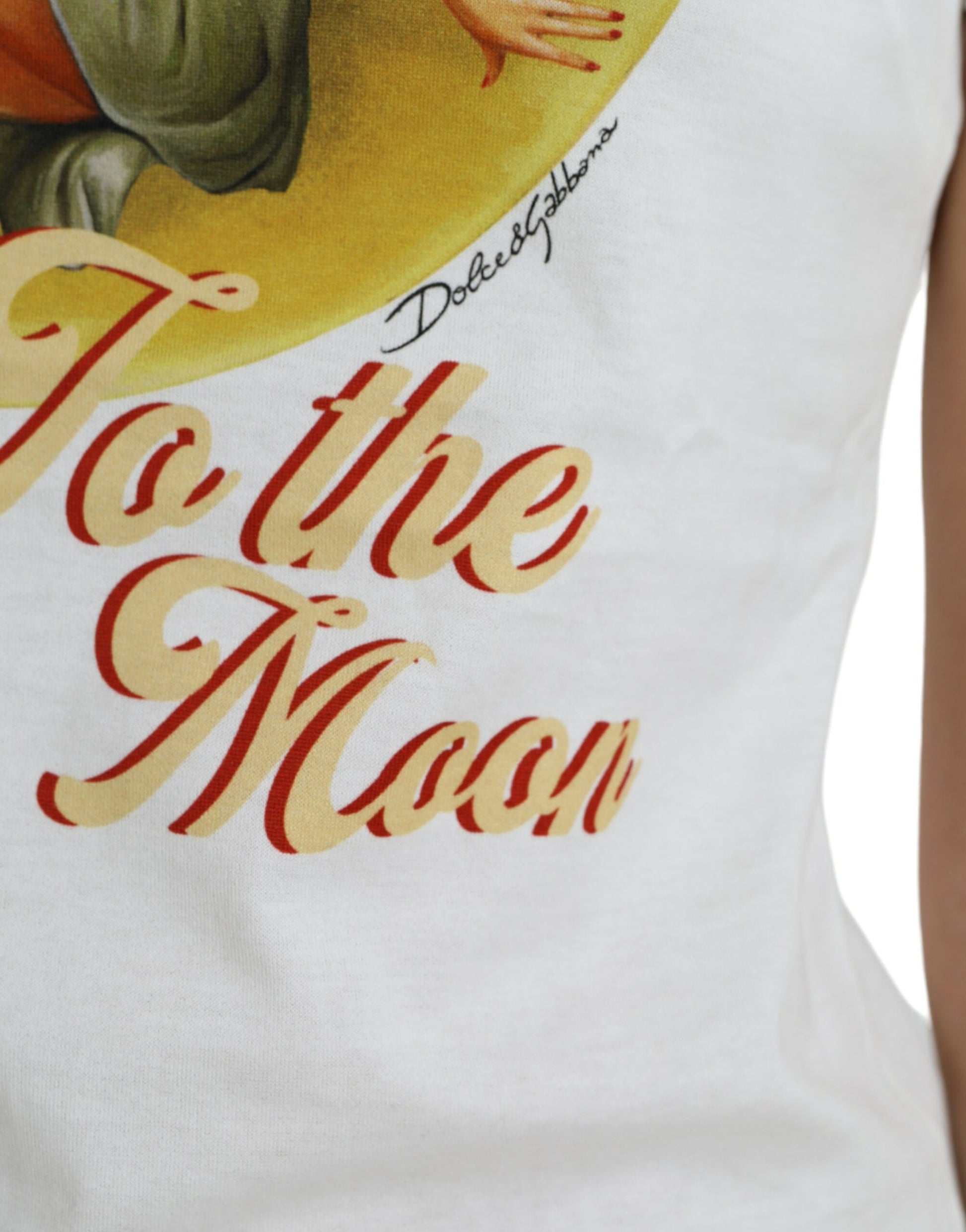 White t-shirt with graphic design featuring a woman's face on moon