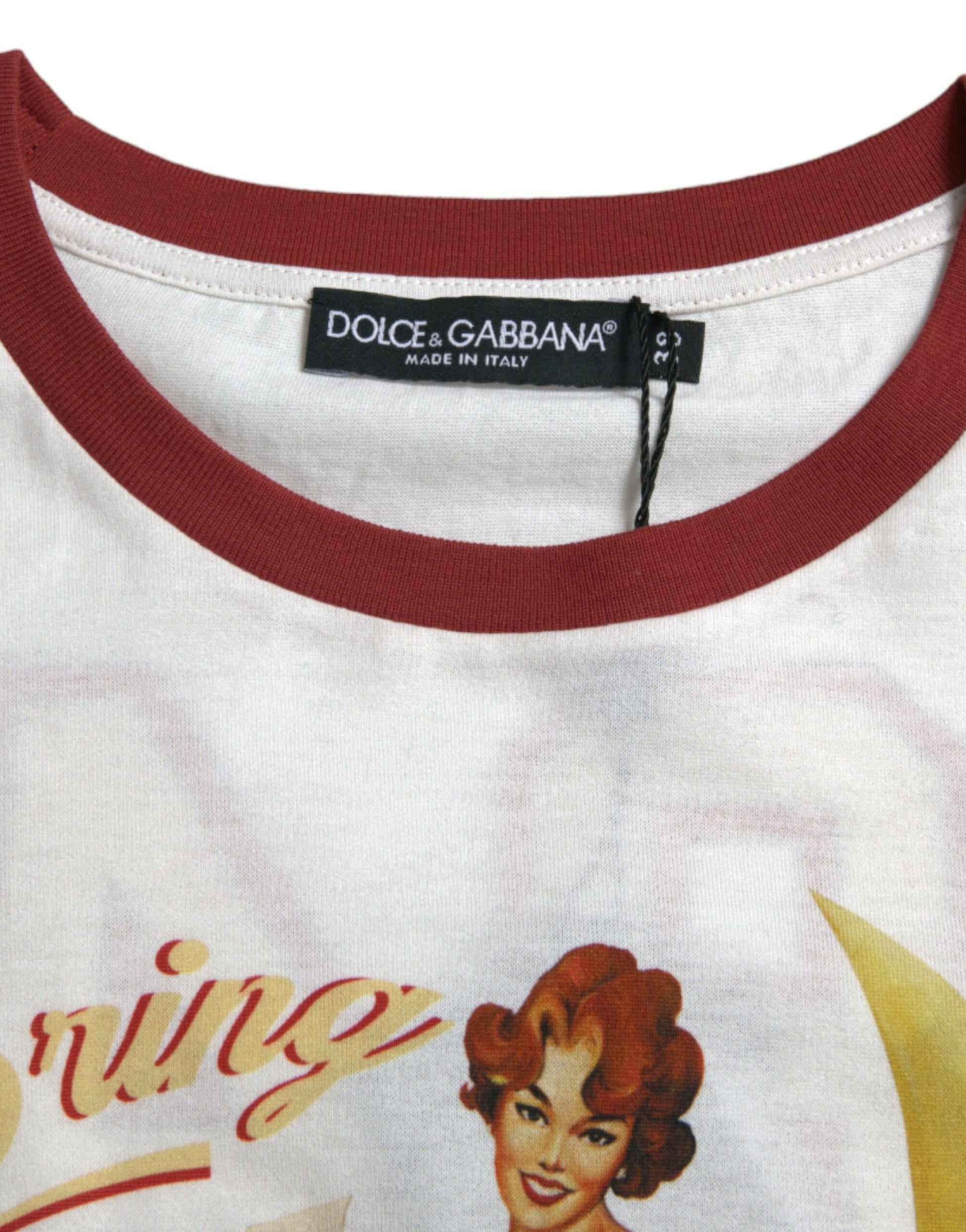 Red and white t-shirt with a woman's face on it