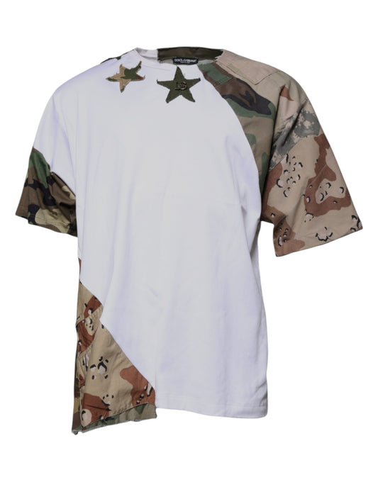 Camouflage print t-shirt with white sleeves