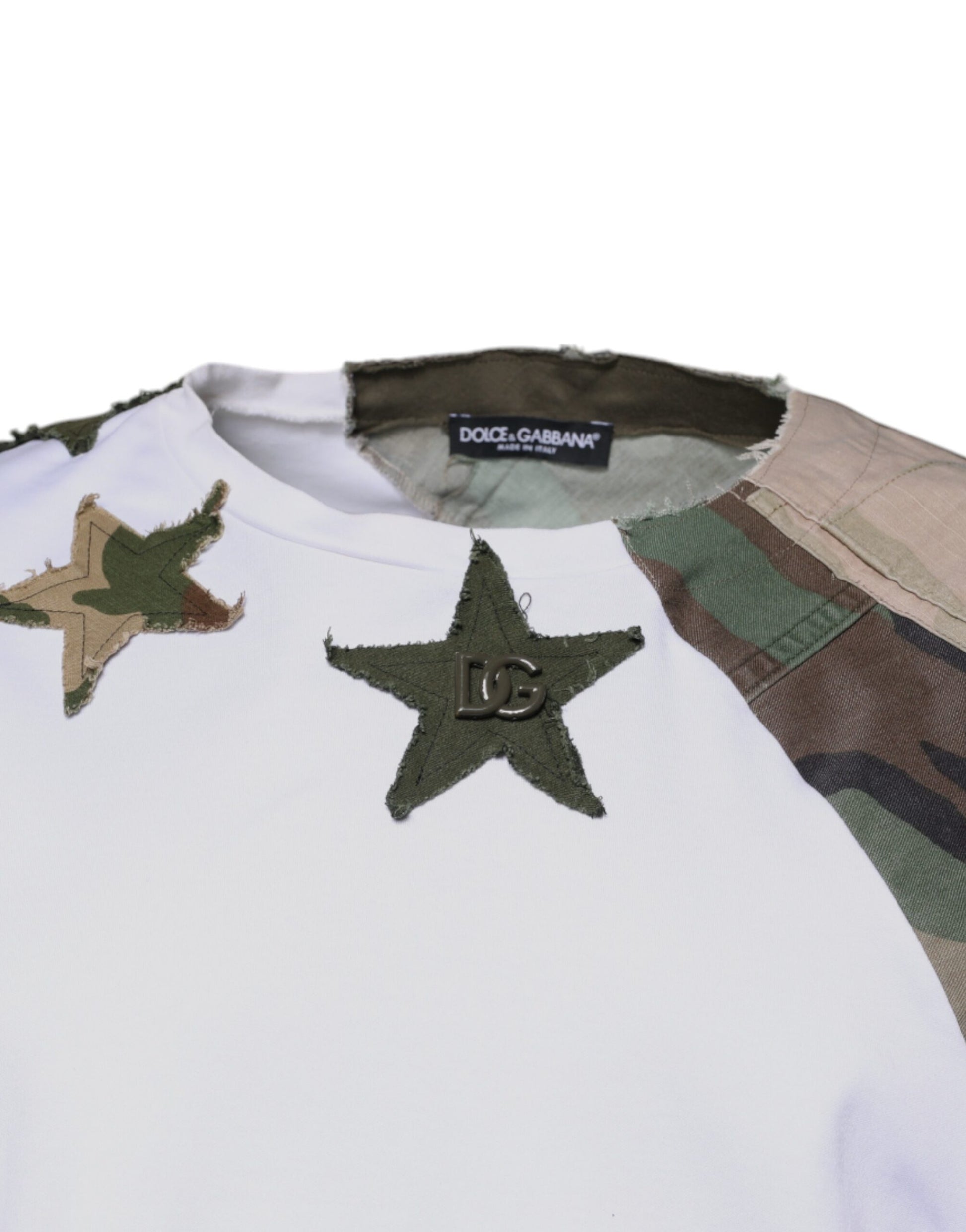 Camouflage pattern shirt with white sleeves and star embroidery on front
