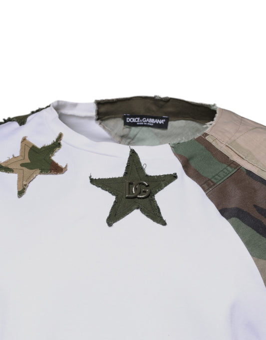 Camouflage pattern shirt with white sleeves and star embroidery on front