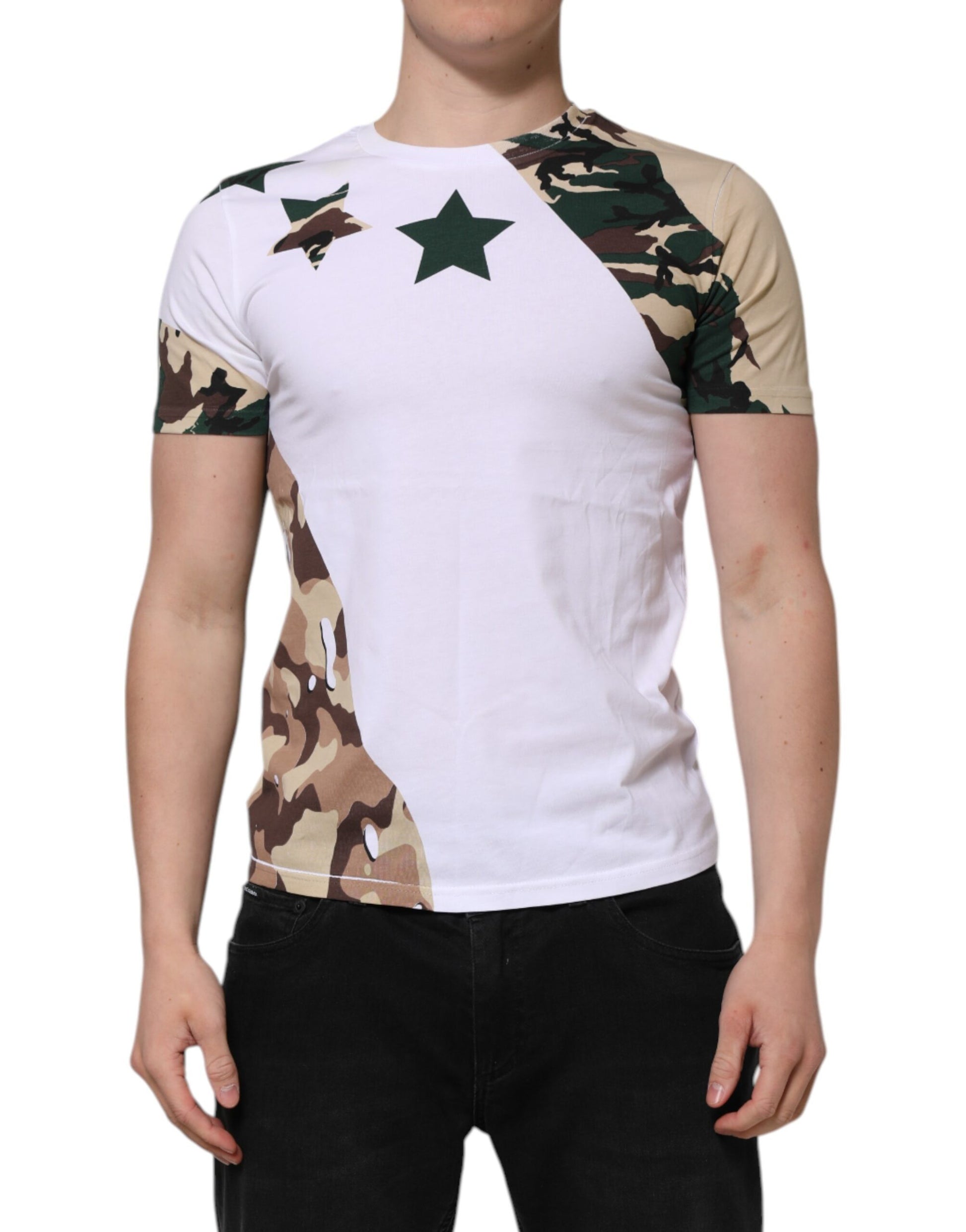 Camouflage print on sleeves of white t-shirt