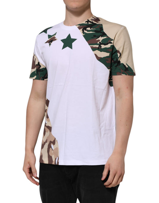 Camouflage print t-shirt with white sleeves