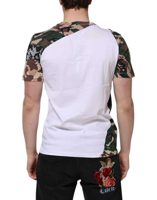 Camouflage print t-shirt with white sleeves and a red rose design on back