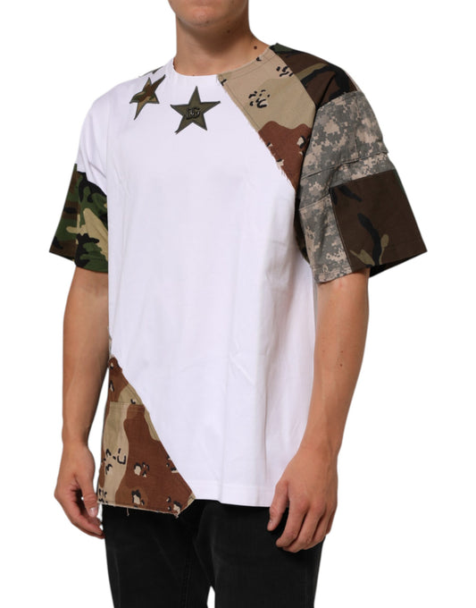 Camouflage print t-shirt with white sleeves