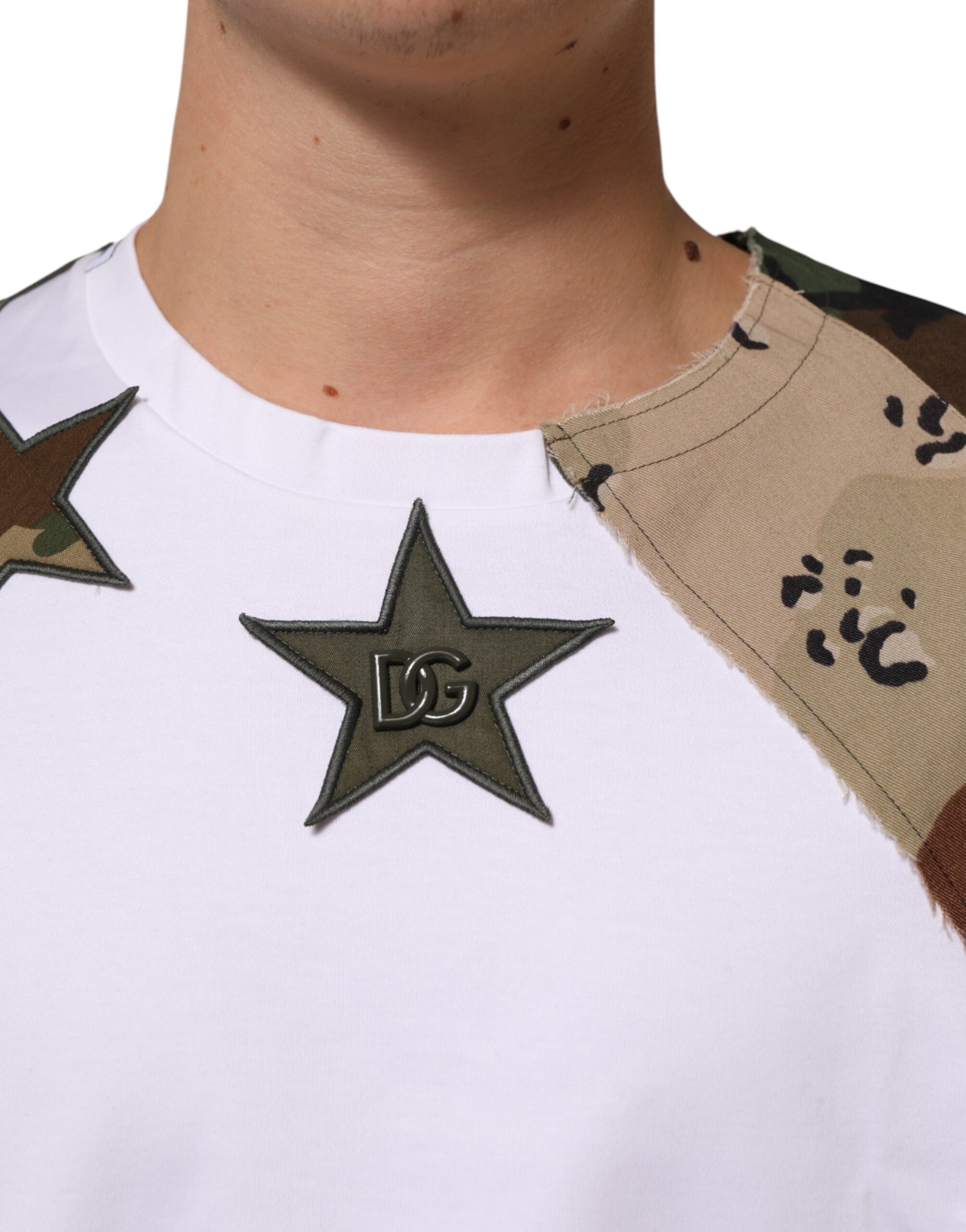 Camouflage patterned shirt with white star on front