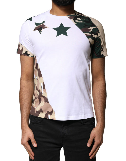 Man wearing camouflage shirt with white star on left chest
