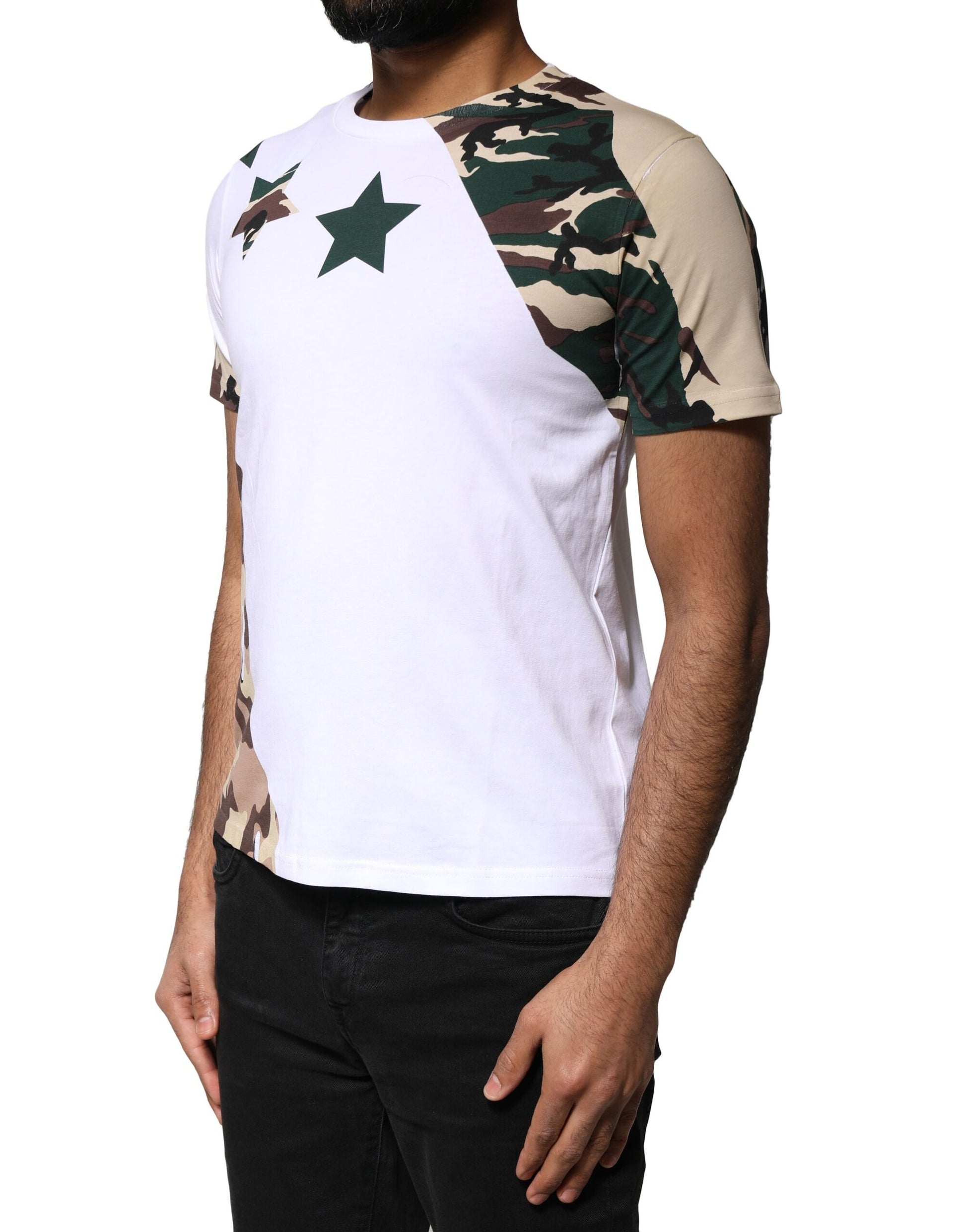 Man wearing camouflage print t-shirt