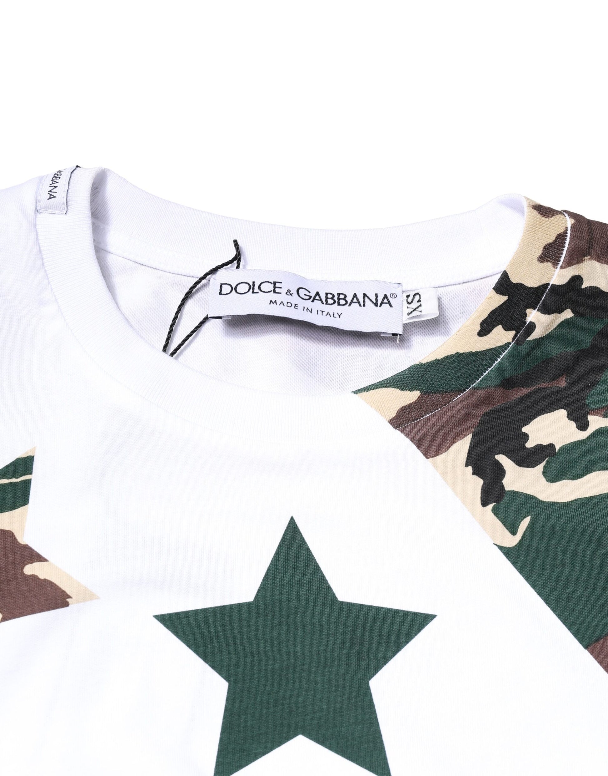 White shirt with camouflage pattern featuring green star