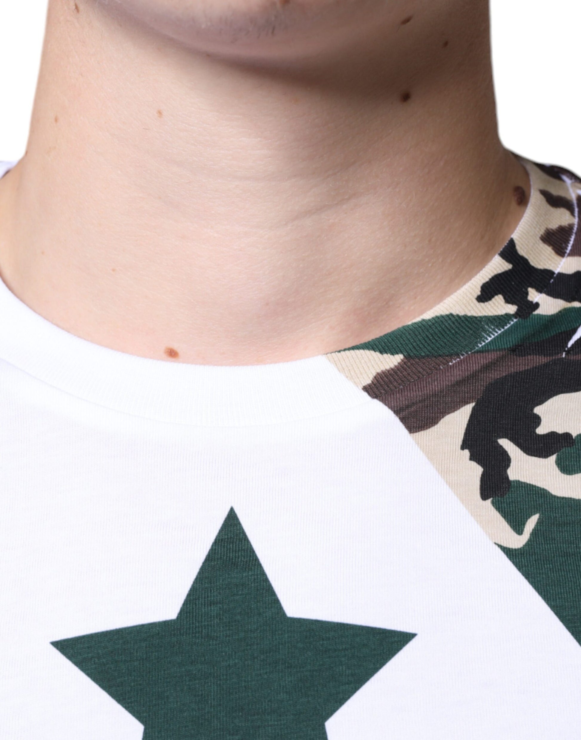 Camouflage patterned shirt with white star on chest