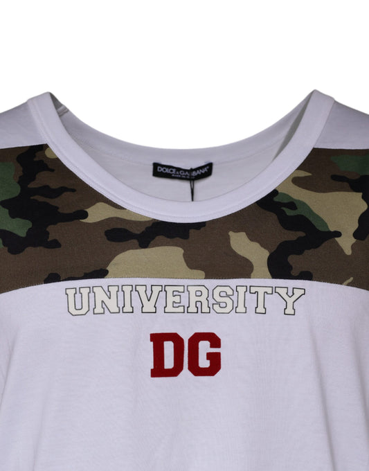 Camouflage print t-shirt with University DC written on front
