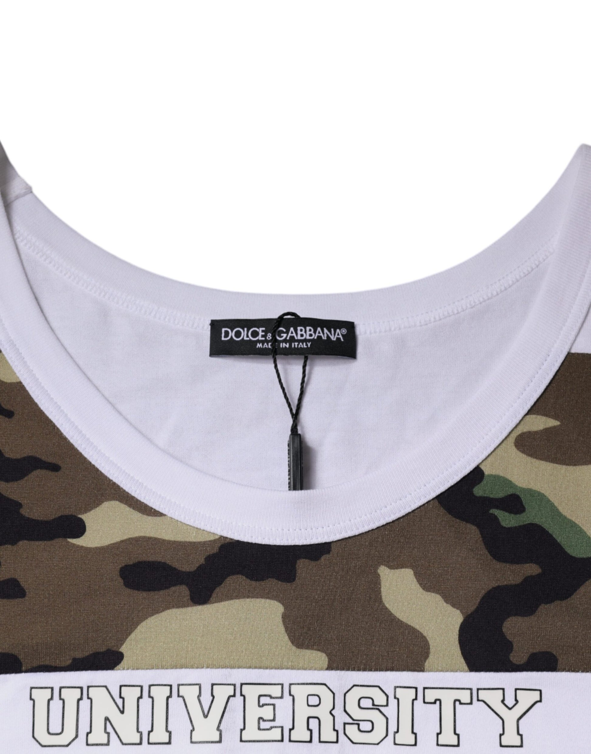White t-shirt with camouflage pattern on front and back