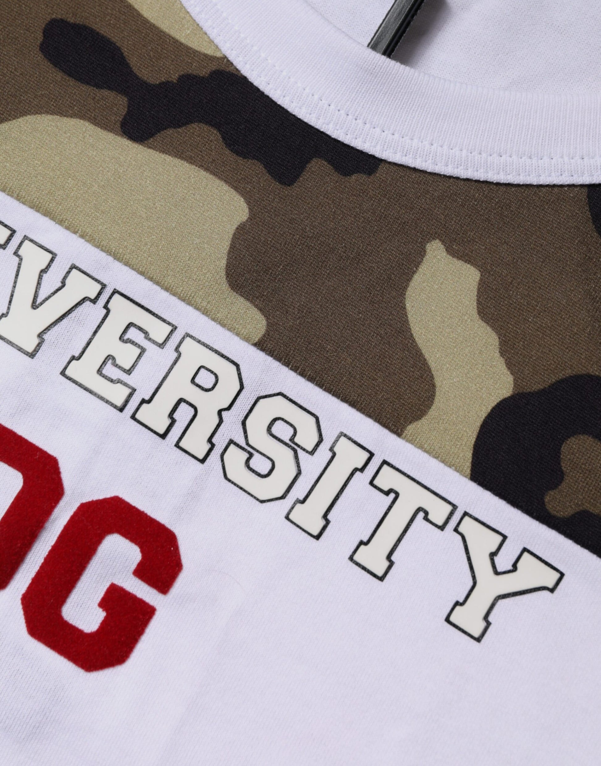 Camouflage print t-shirt with white lettering