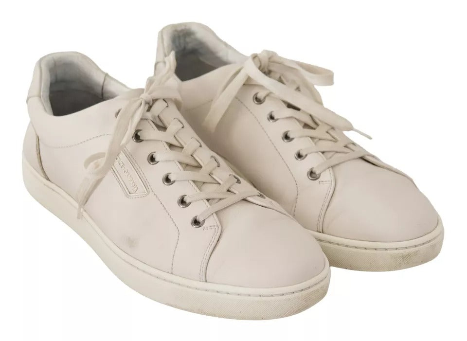Pair of white casual leather logo men's sneakers with laces and a small logo on the side