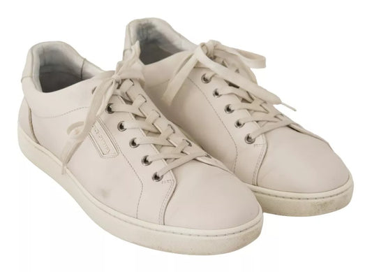 Pair of white casual leather logo men's sneakers with laces and a small logo on the side