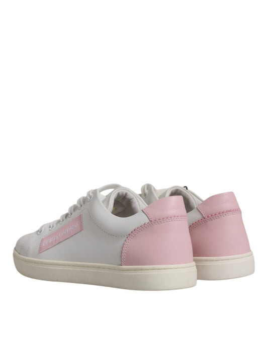 Pair of pink and white sneakers with laces