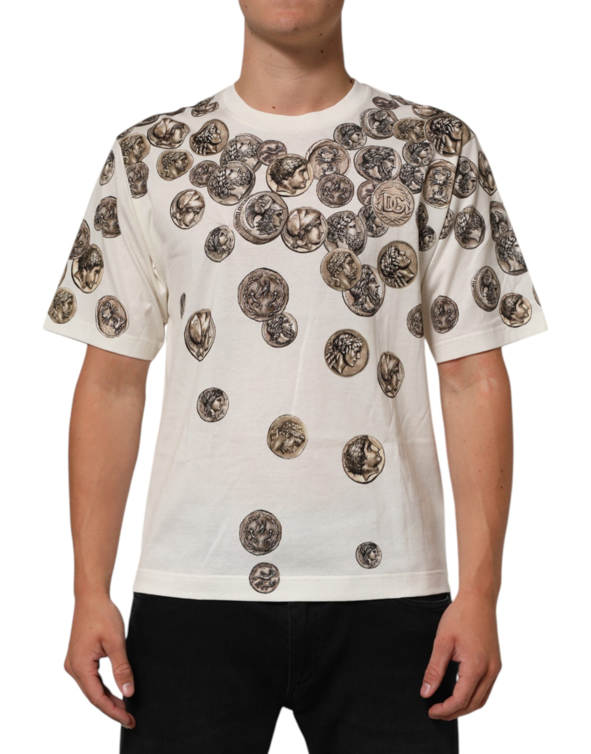 White t-shirt with coins on it