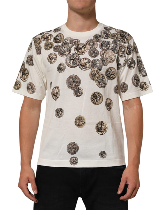 White t-shirt with coins on it