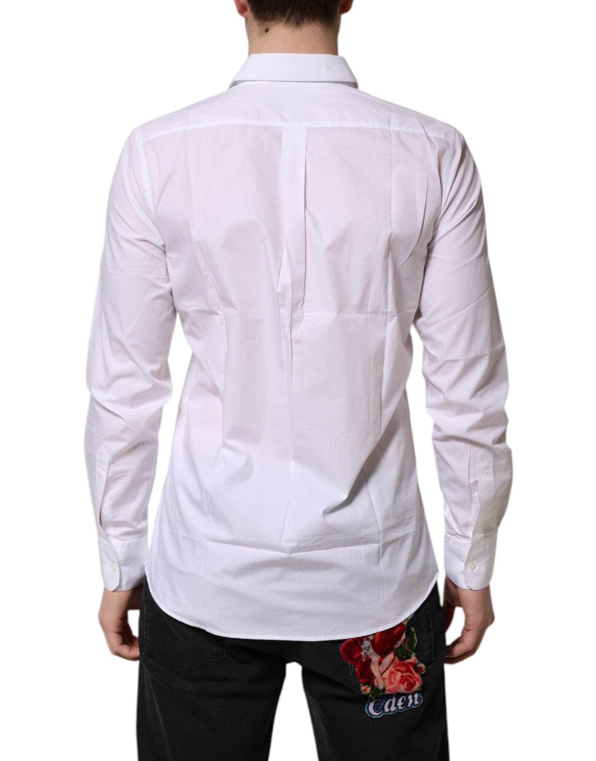 A white collared long sleeve dress shirt with a floral print on the back