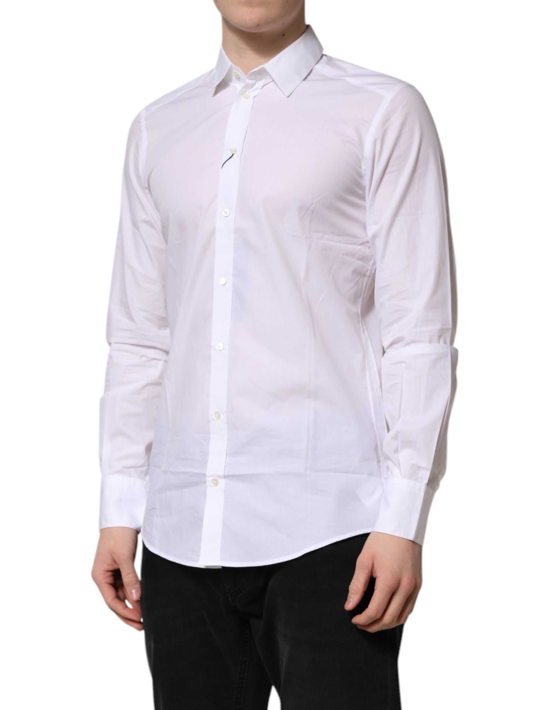 A long sleeve white collared shirt with a button-up front