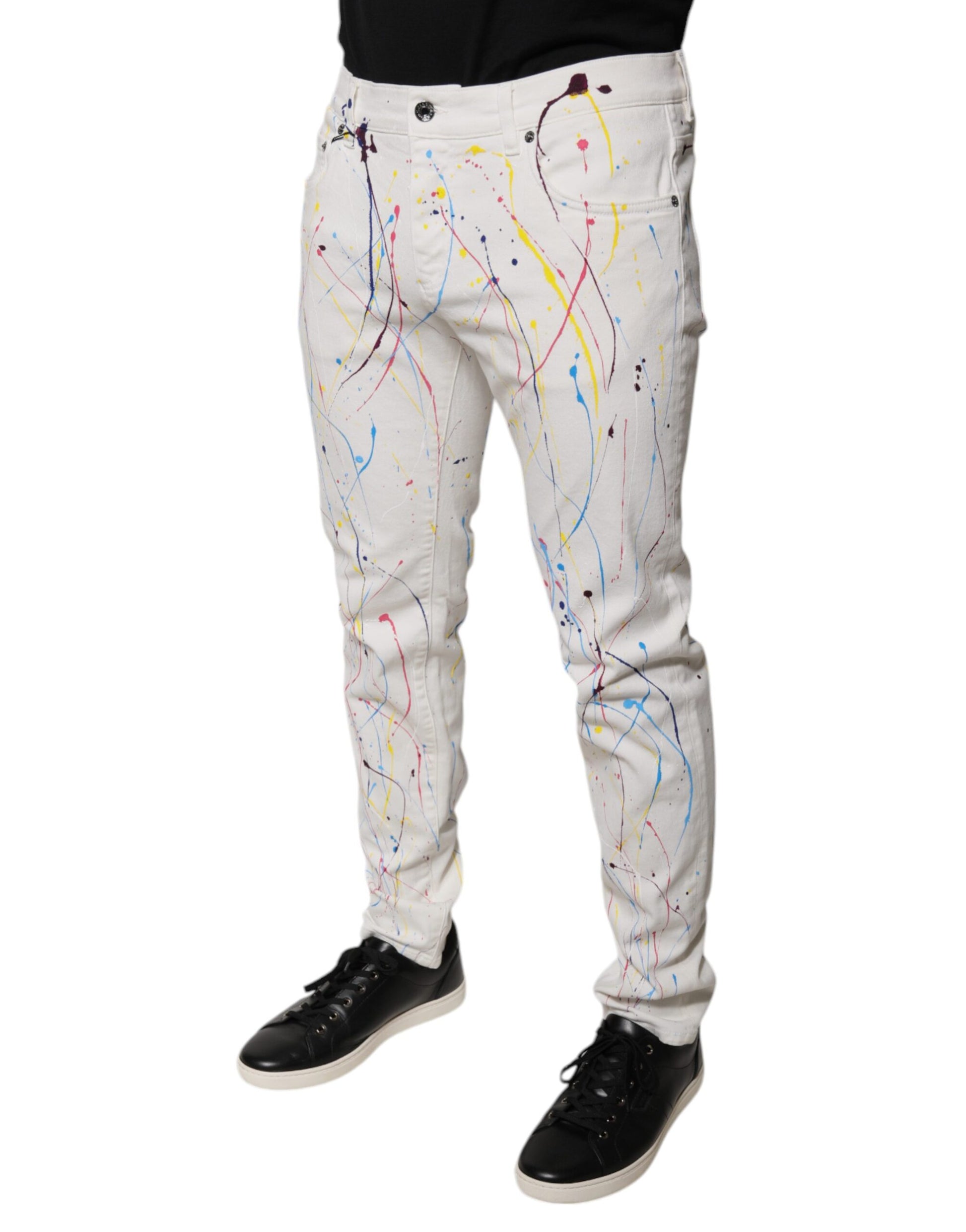 Pair of white jeans with colorful splatter design