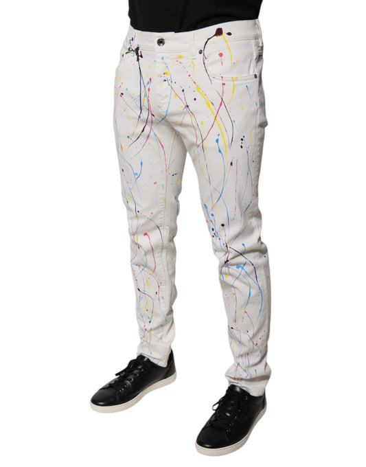 Pair of white jeans with colorful splatter design
