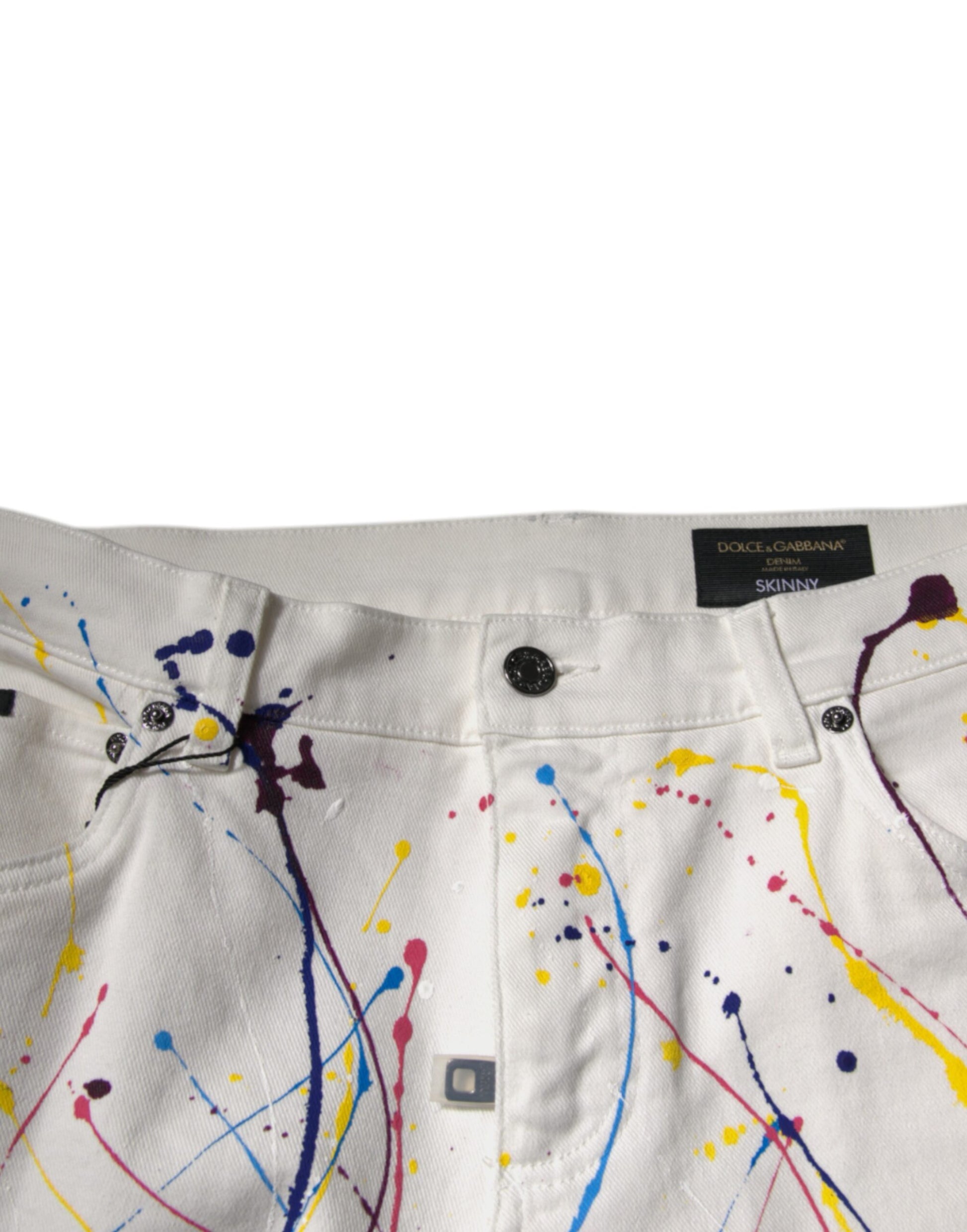 White shorts with colorful splatter design