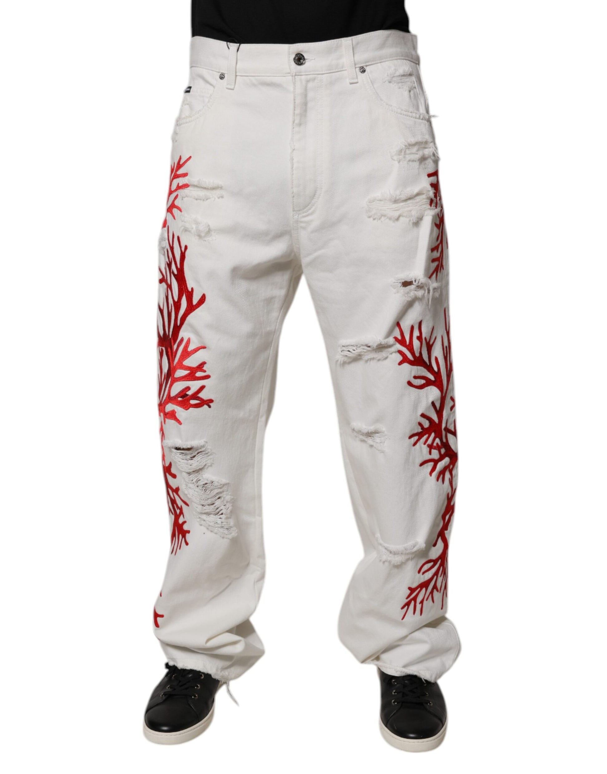 White denim jeans with red coral design on legs