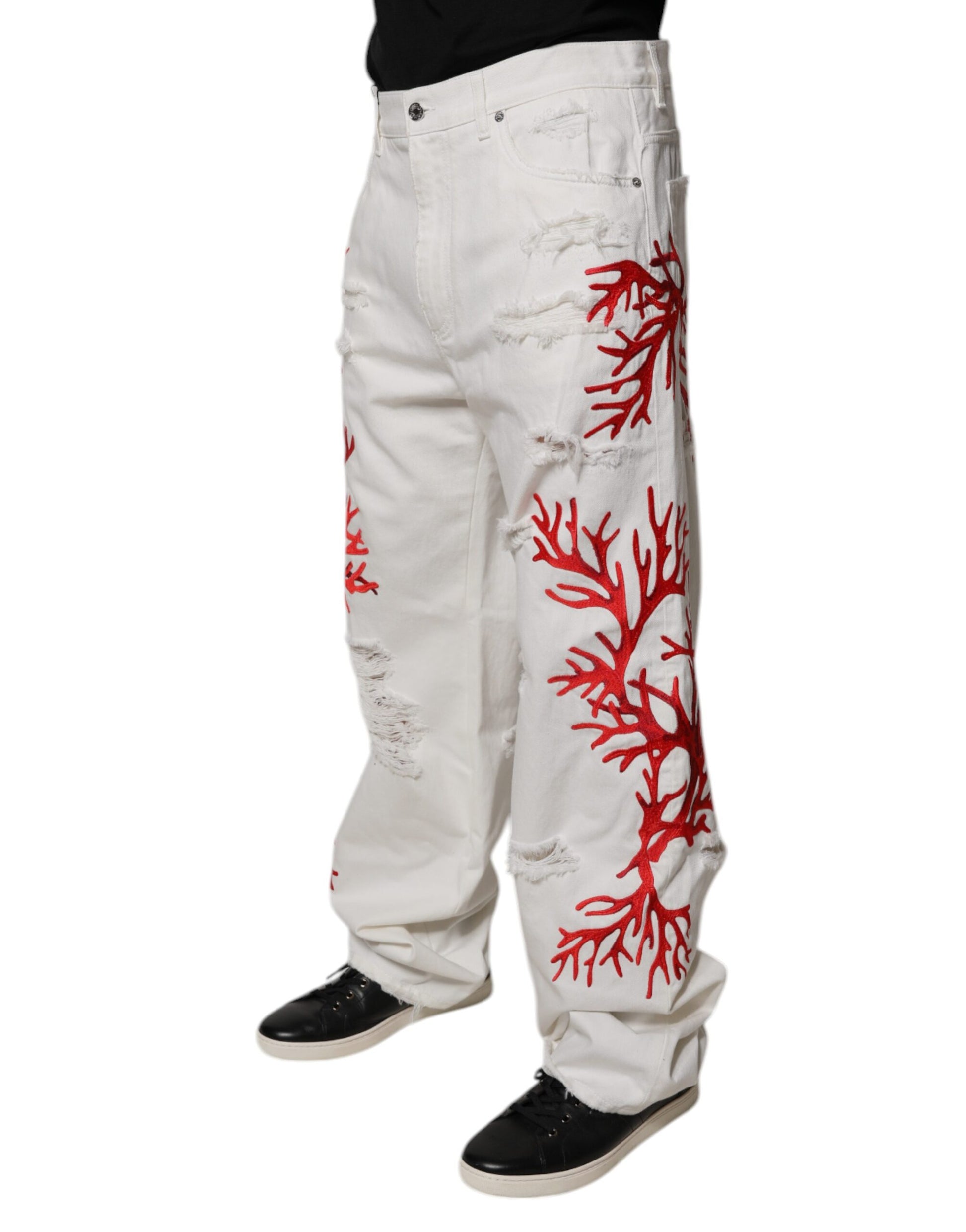 White pants with red coral pattern