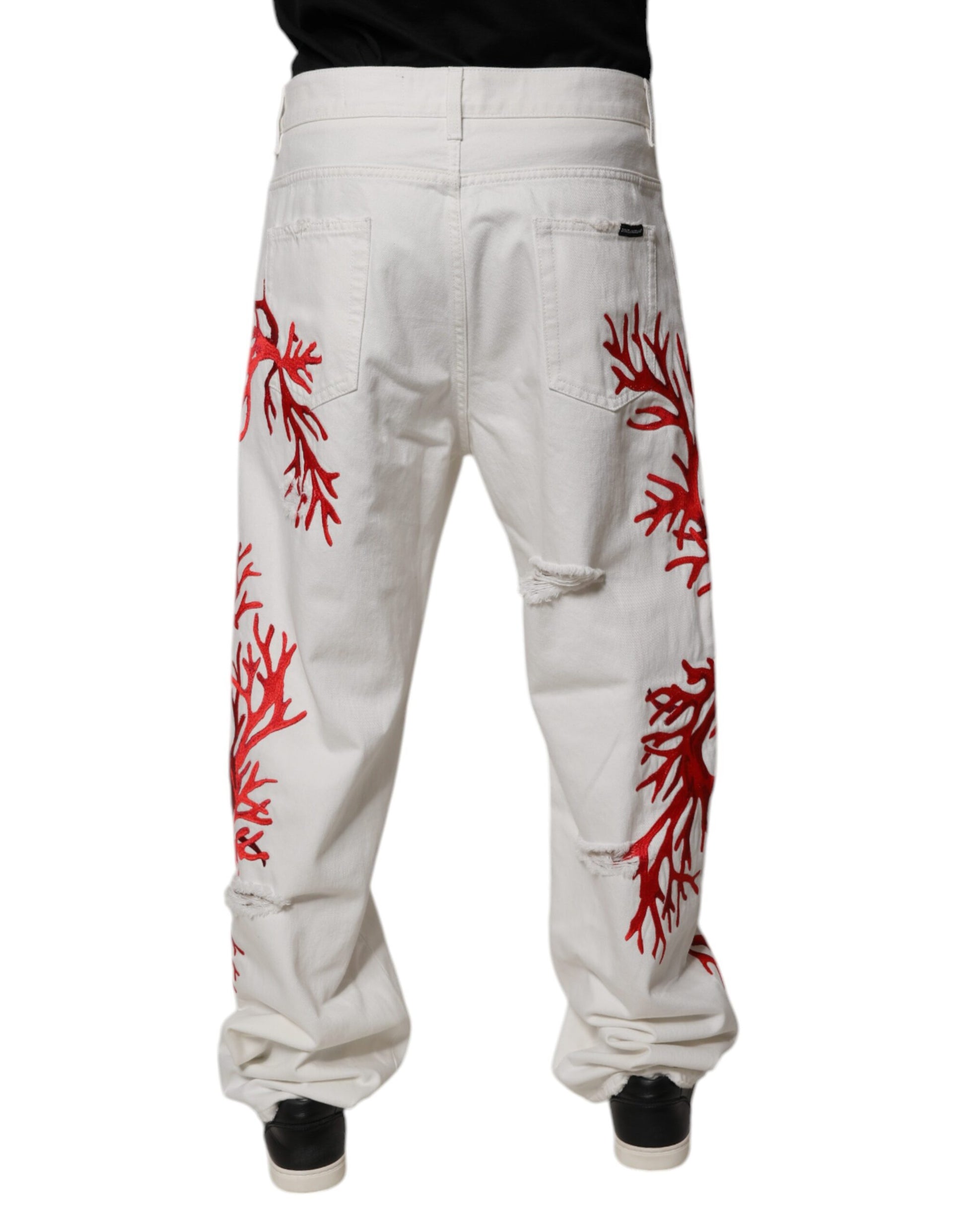 White pants with red coral design