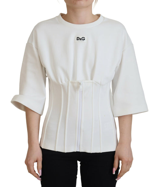 White long sleeve top with high neckline and ruched detailing