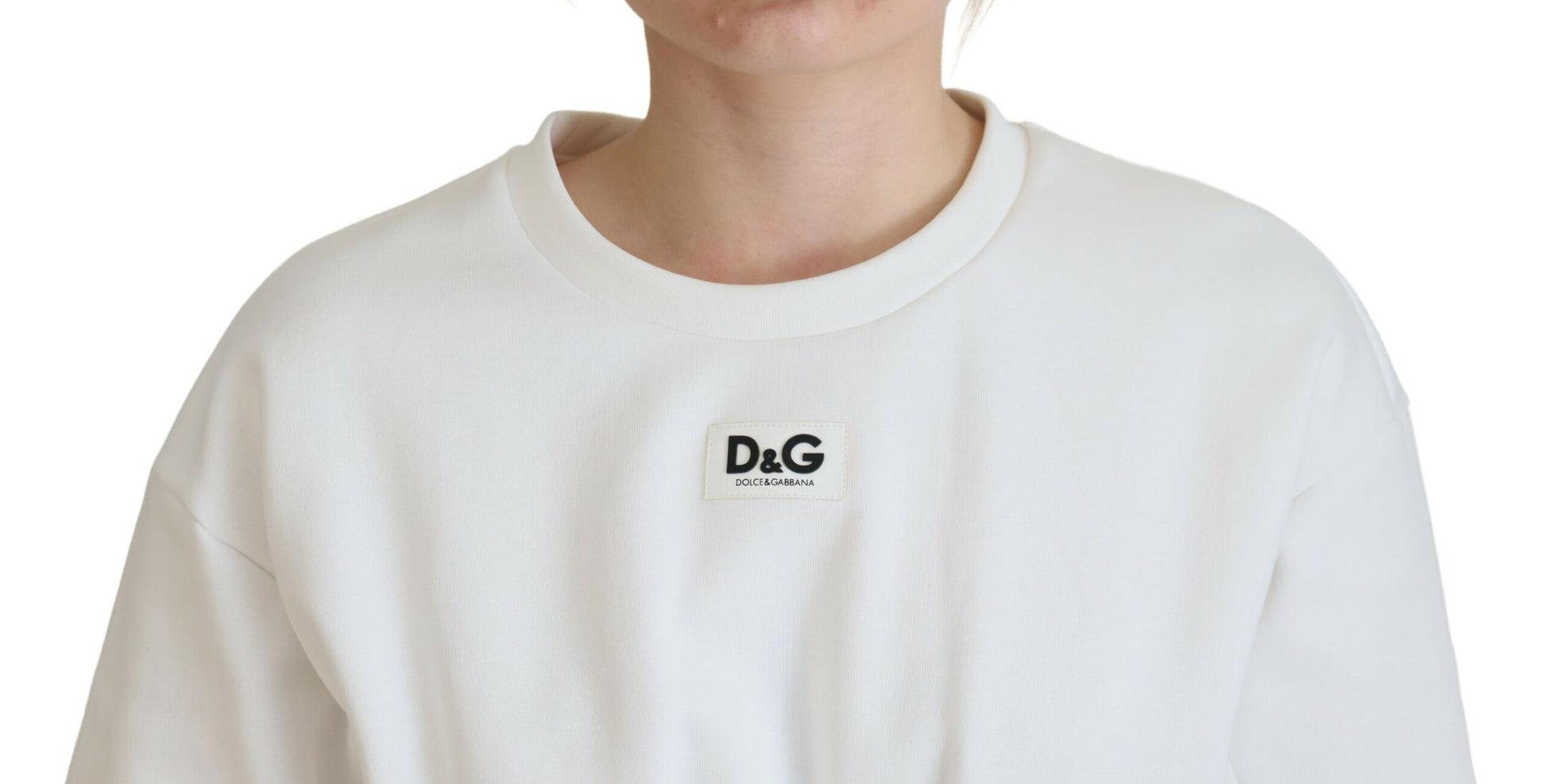 White sweatshirt with black logo on front