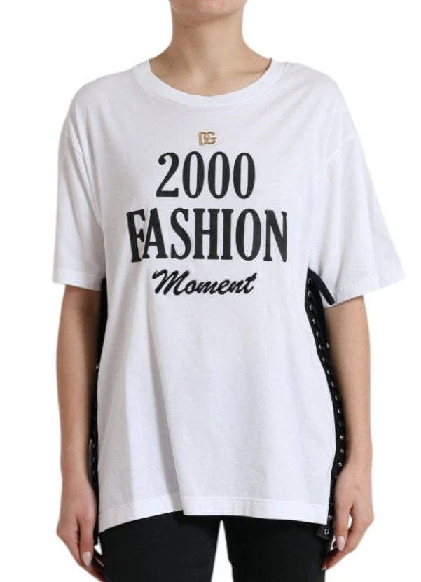 White t-shirt with black text reading "2000 fashion moment"