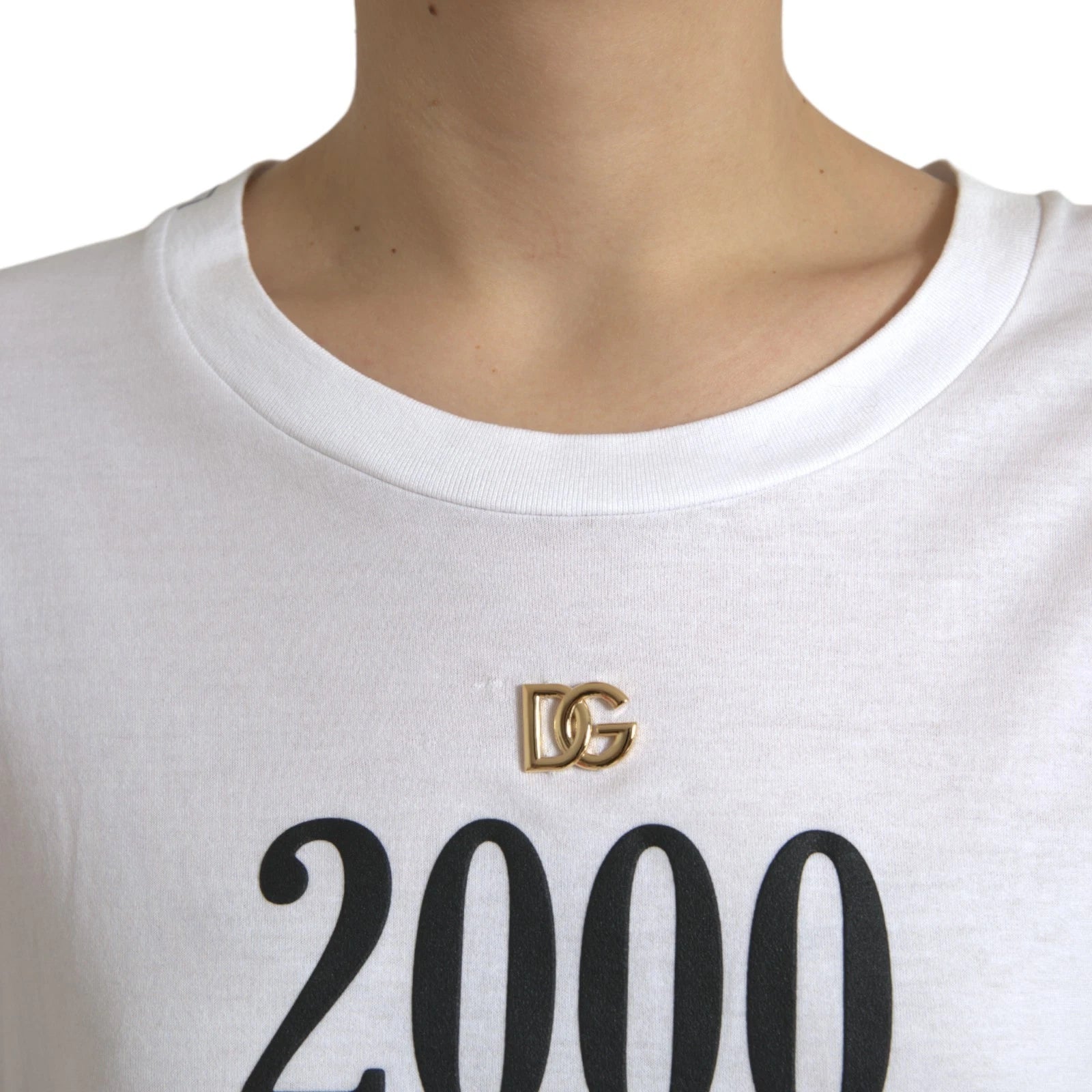 White t-shirt with black letters and logo on front