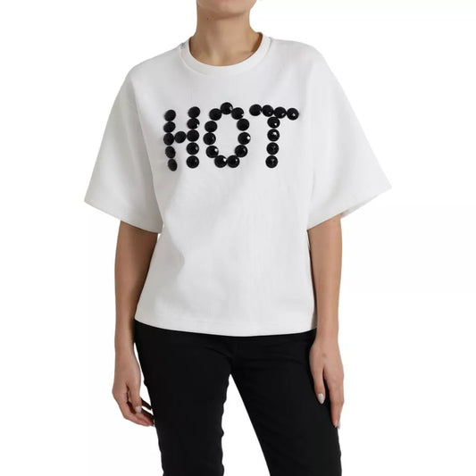 White sweater with black letters spelling "HOT"