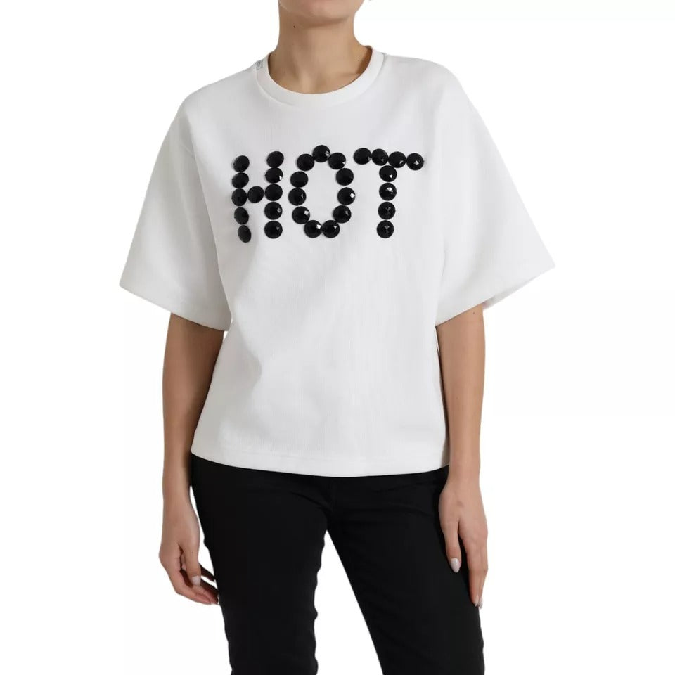 White sweater with black letters spelling "HOT"