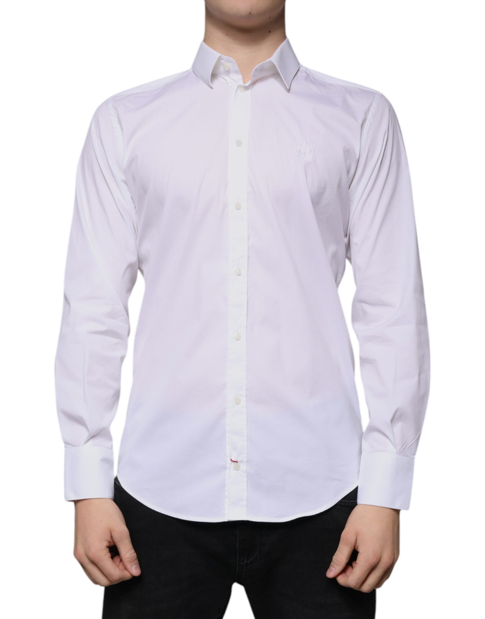 A white cotton blend men's dress shirt with long sleeves and a collar