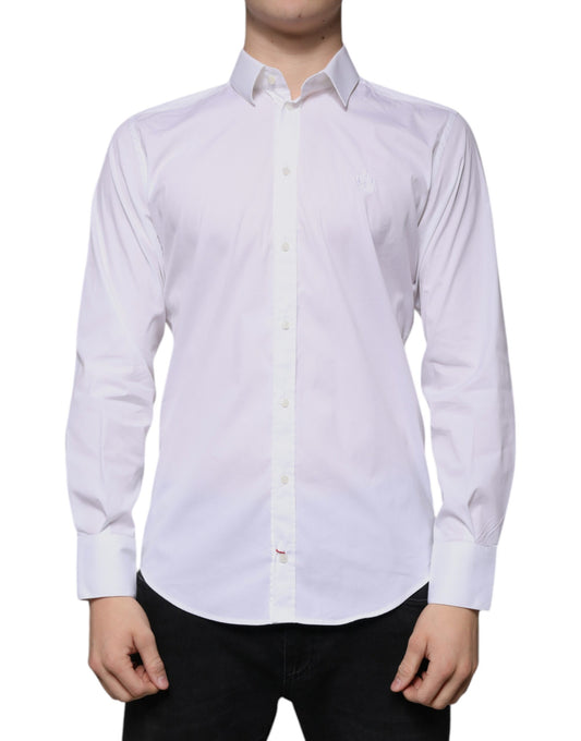 A white cotton blend men's dress shirt with long sleeves and a collar