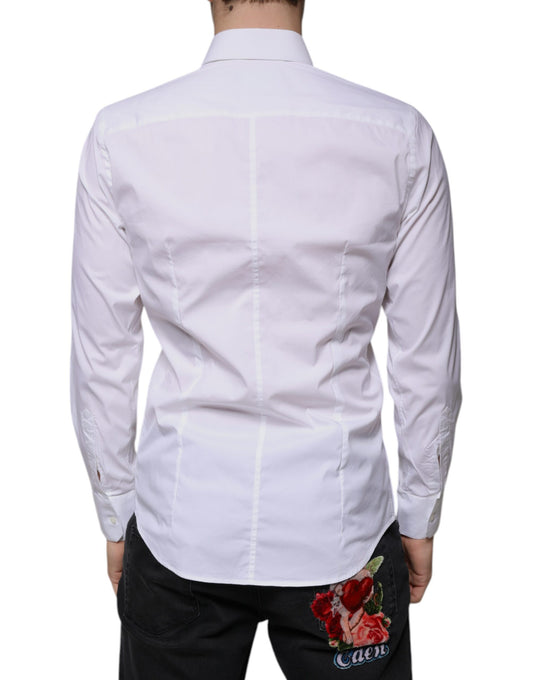 A white cotton blend men's dress shirt with a floral print on the back