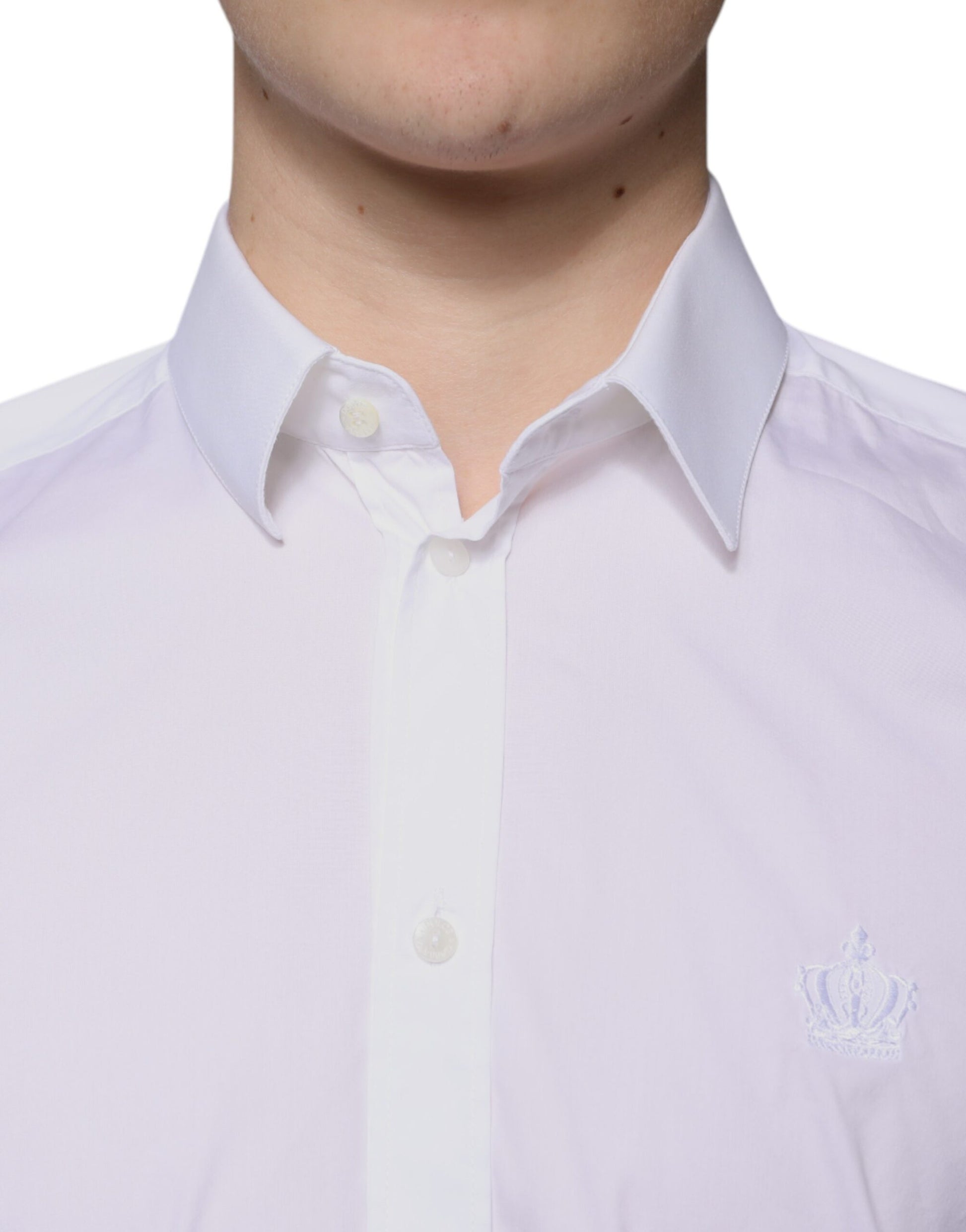 A white cotton blend men's dress shirt with a collar and buttons. It has a logo on the left chest area