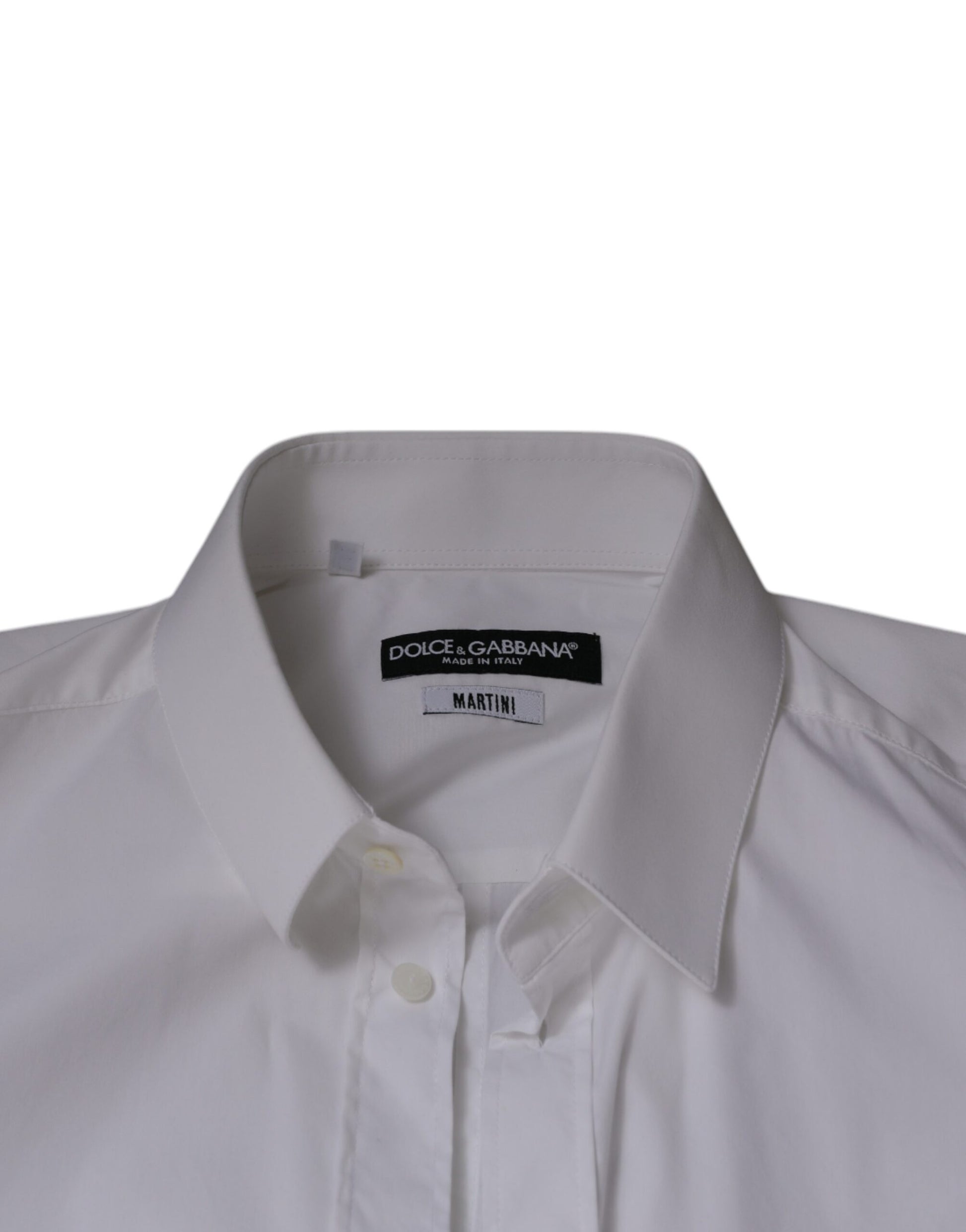 A white cotton blend men's dress shirt with a collar and buttons