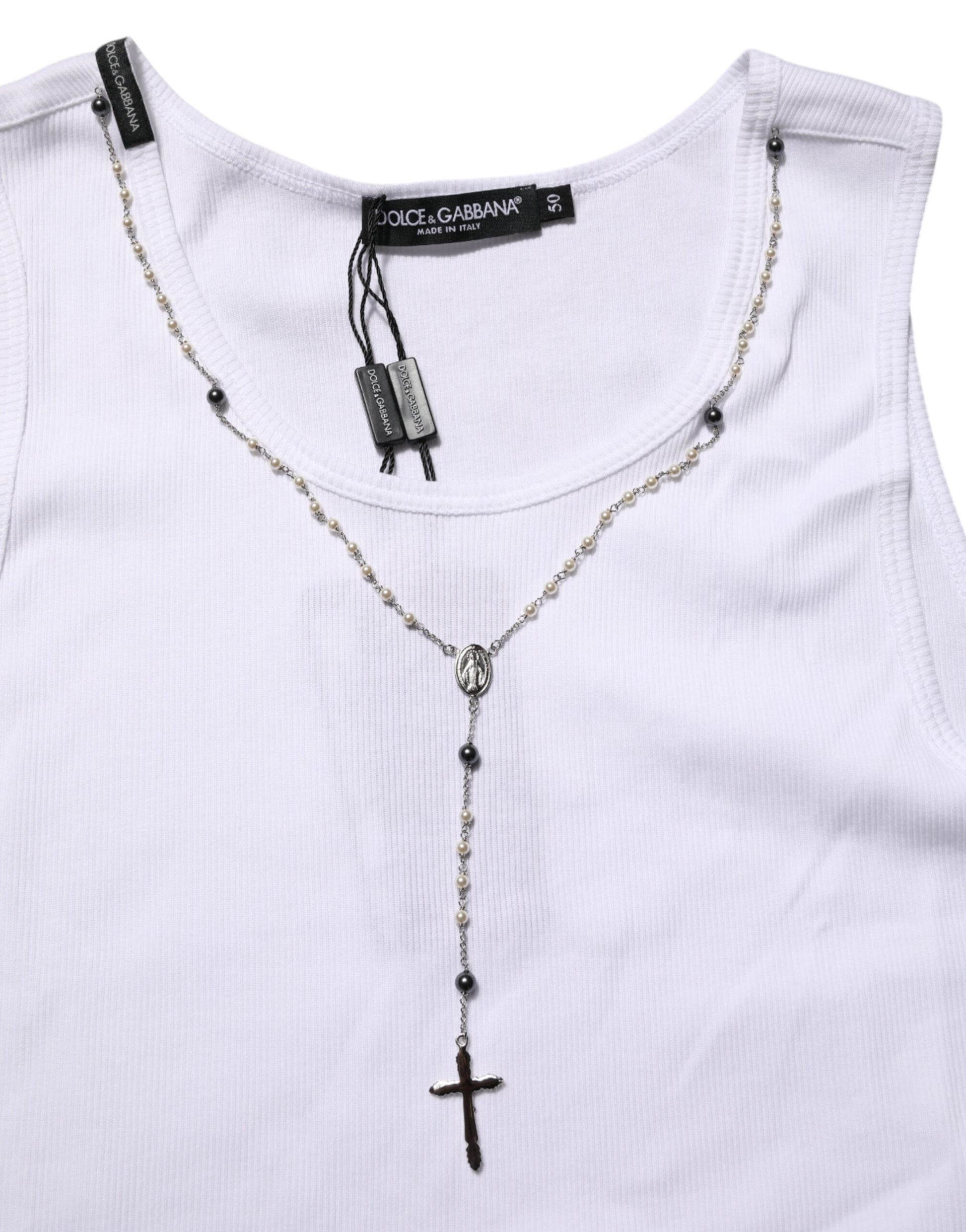 White tank top with cross pendant necklace